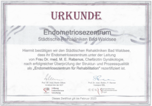 Urkunde Endometriosezentrum - Städtische Rehakliniken Bad Waldsee
