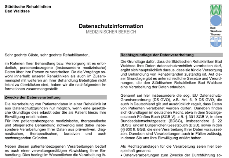 Datenschutzinformation - Medizinischer Bereich Städtische Rehakliniken Bad Waldsee