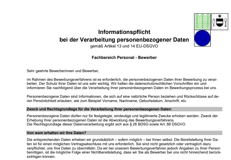 Informationspflicht bei der Verarbeitung von personenbezogenen Daten. Karriere Bad Waldsee